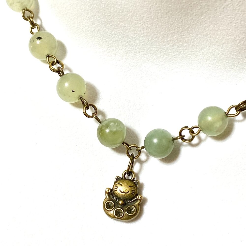 Natural Mint Green Serpentine Necklace, Cute Bronze Fortune Cat+Genuine Gemstone